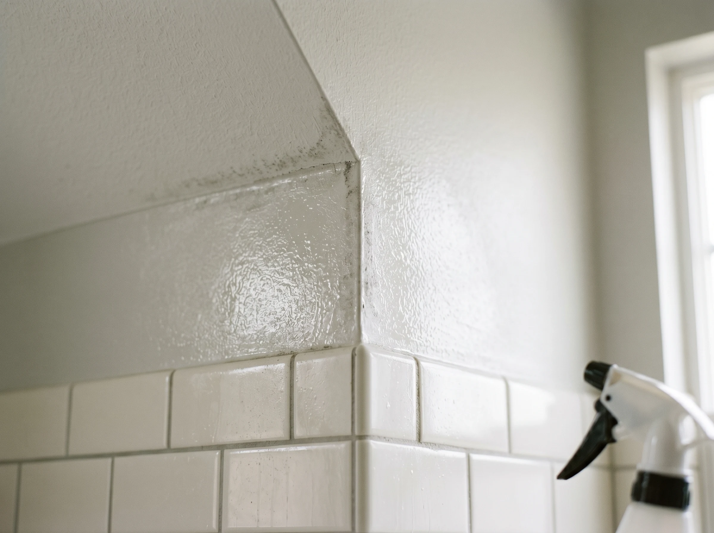 Bathroom ceiling corner being treated for mildew with a spray bottle
