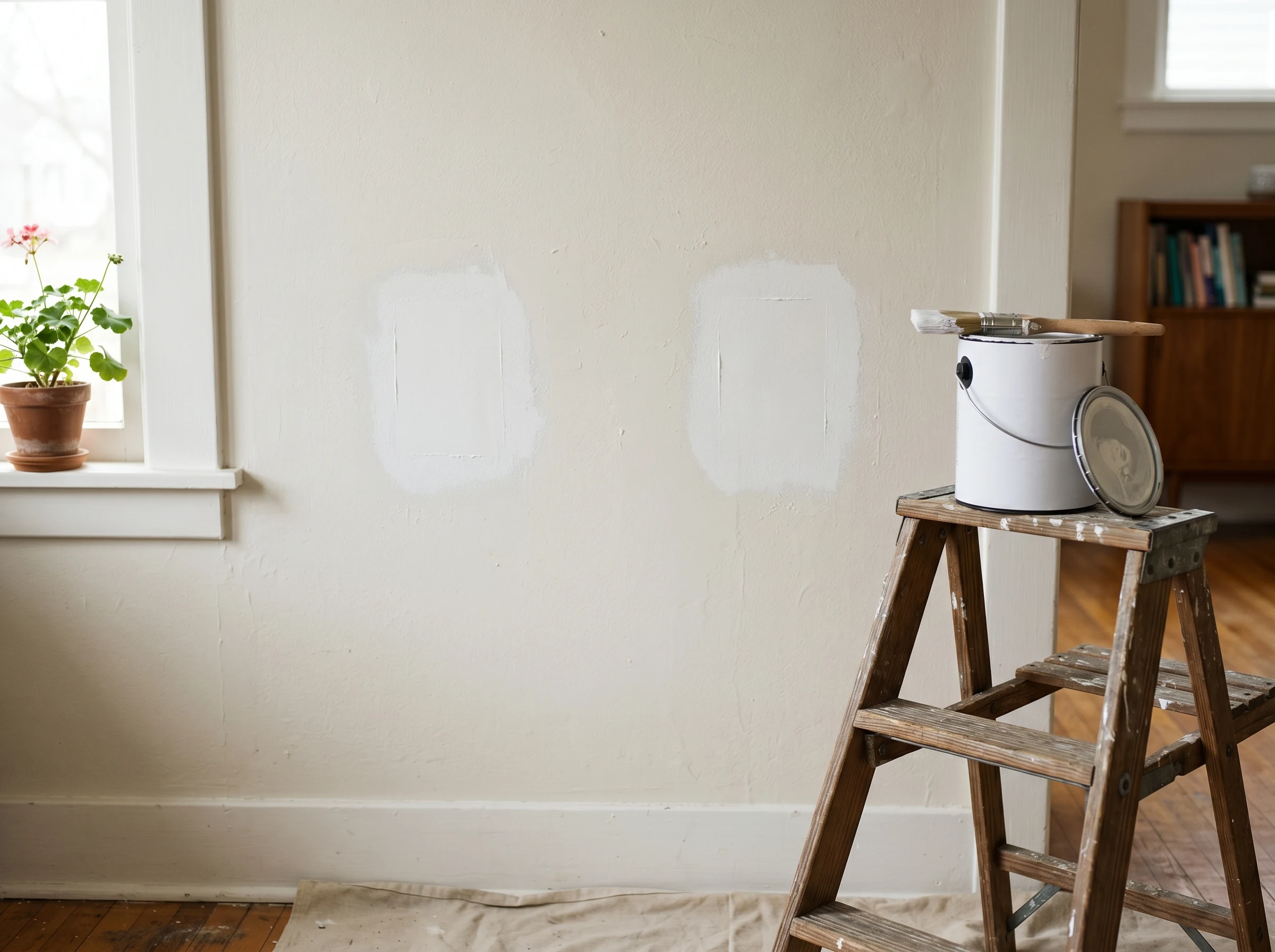 Drywall patches spot-primed with bonding primer, feathered into existing paint