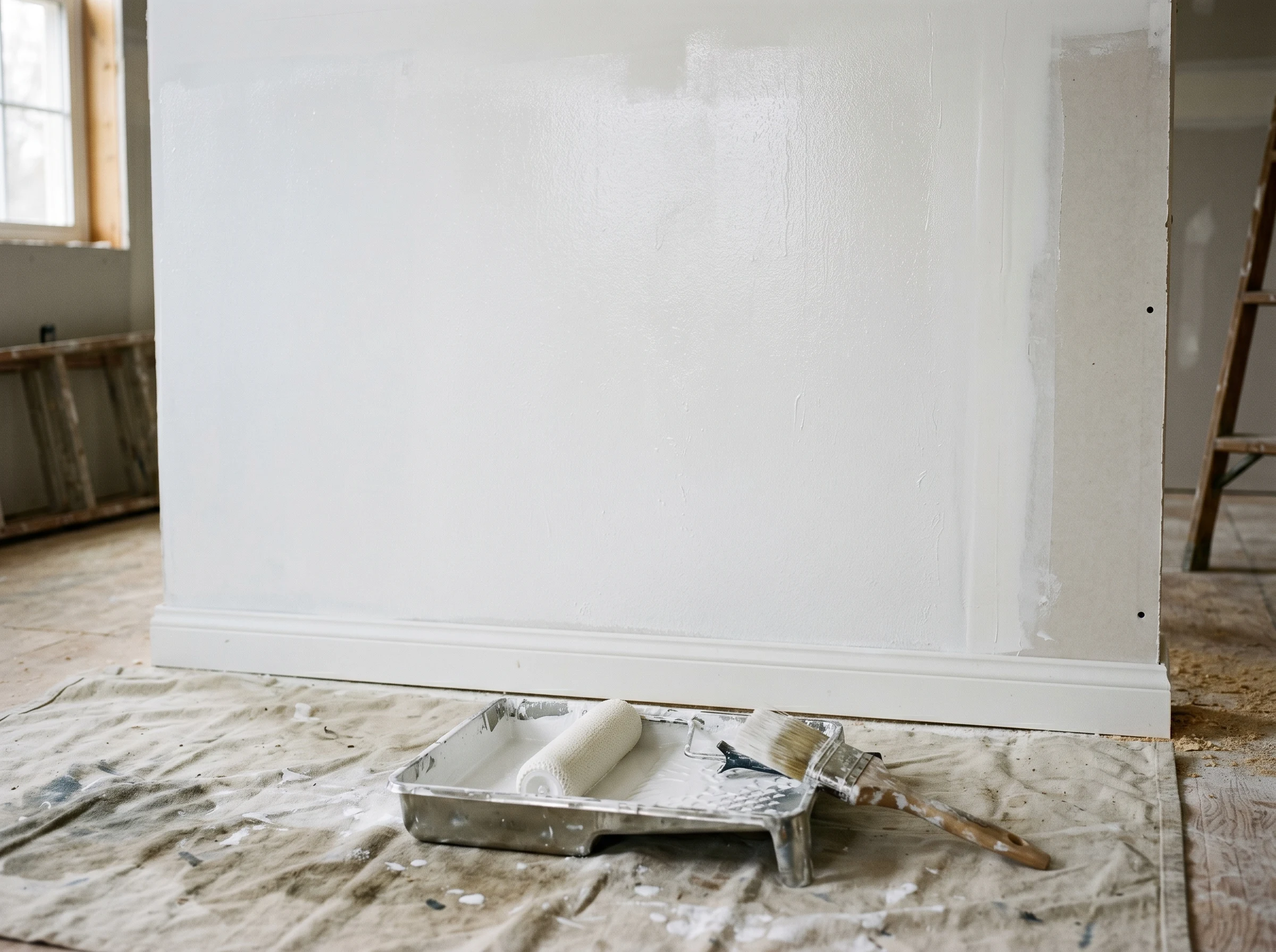 Drywall wall with full PVA primer coat freshly rolled and drying