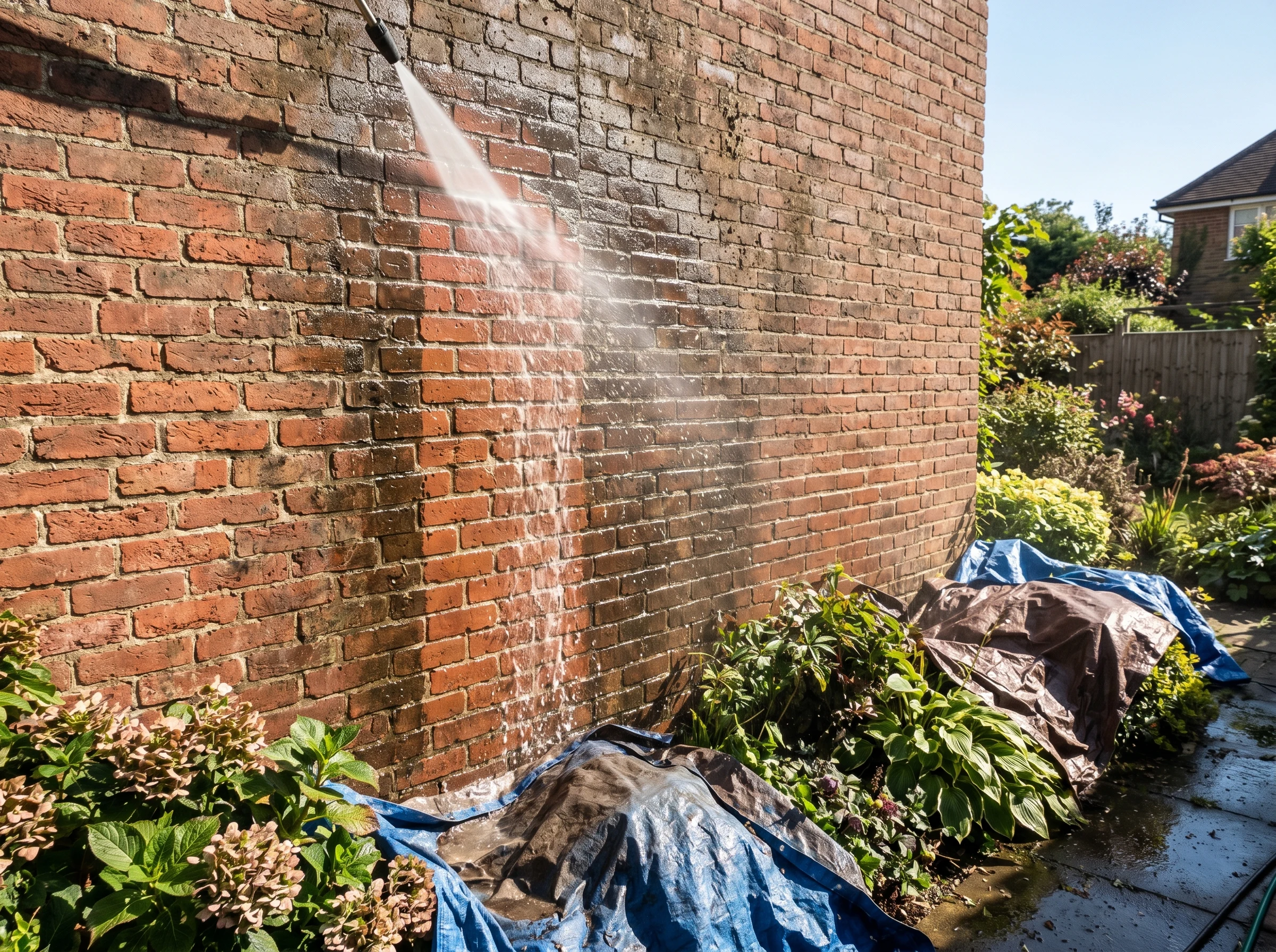Exterior red brick wall being pressure washed with water sheeting down