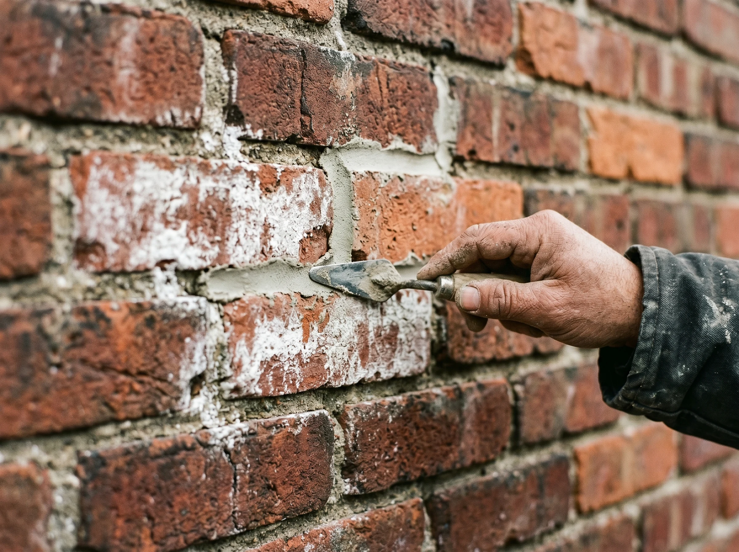 Repointing mortar joints on exterior brick with white efflorescence visible nearby