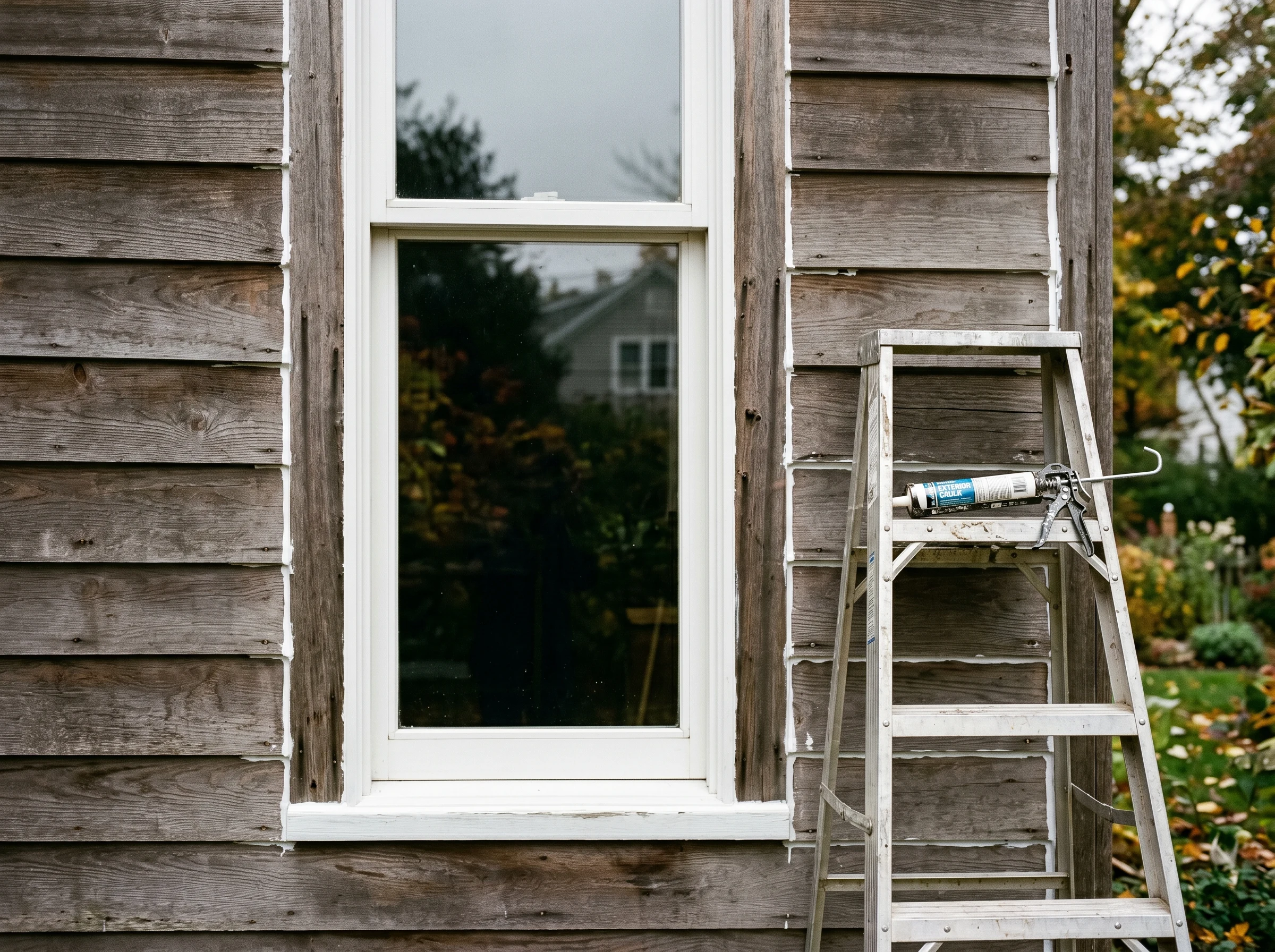 Exterior wood siding seams freshly caulked with stretchy elastomeric caulk
