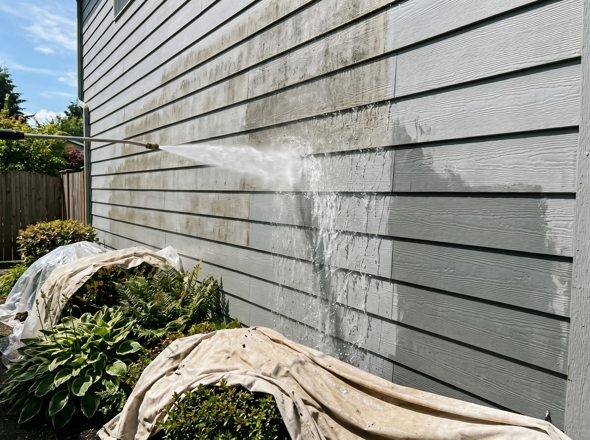 Fiber cement HardiePlank wall being pressure washed with water sheeting down the textured surface