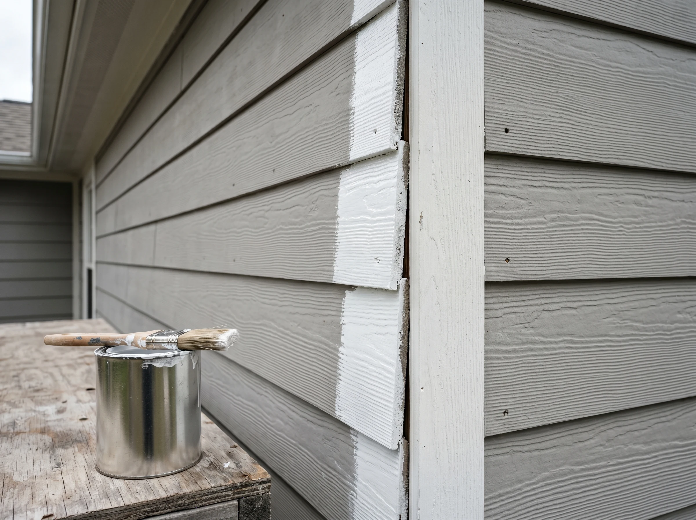 Cut edges of fiber cement siding spot-primed with acrylic primer along corner trim