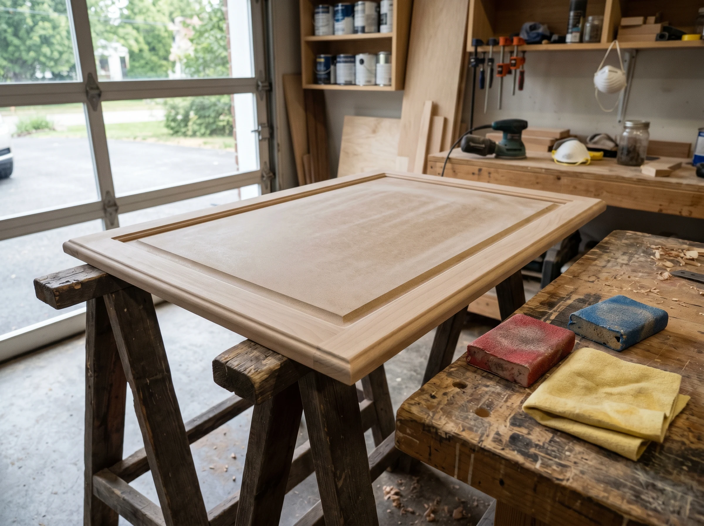 MDF door after light sanding, lying flat on sawhorses