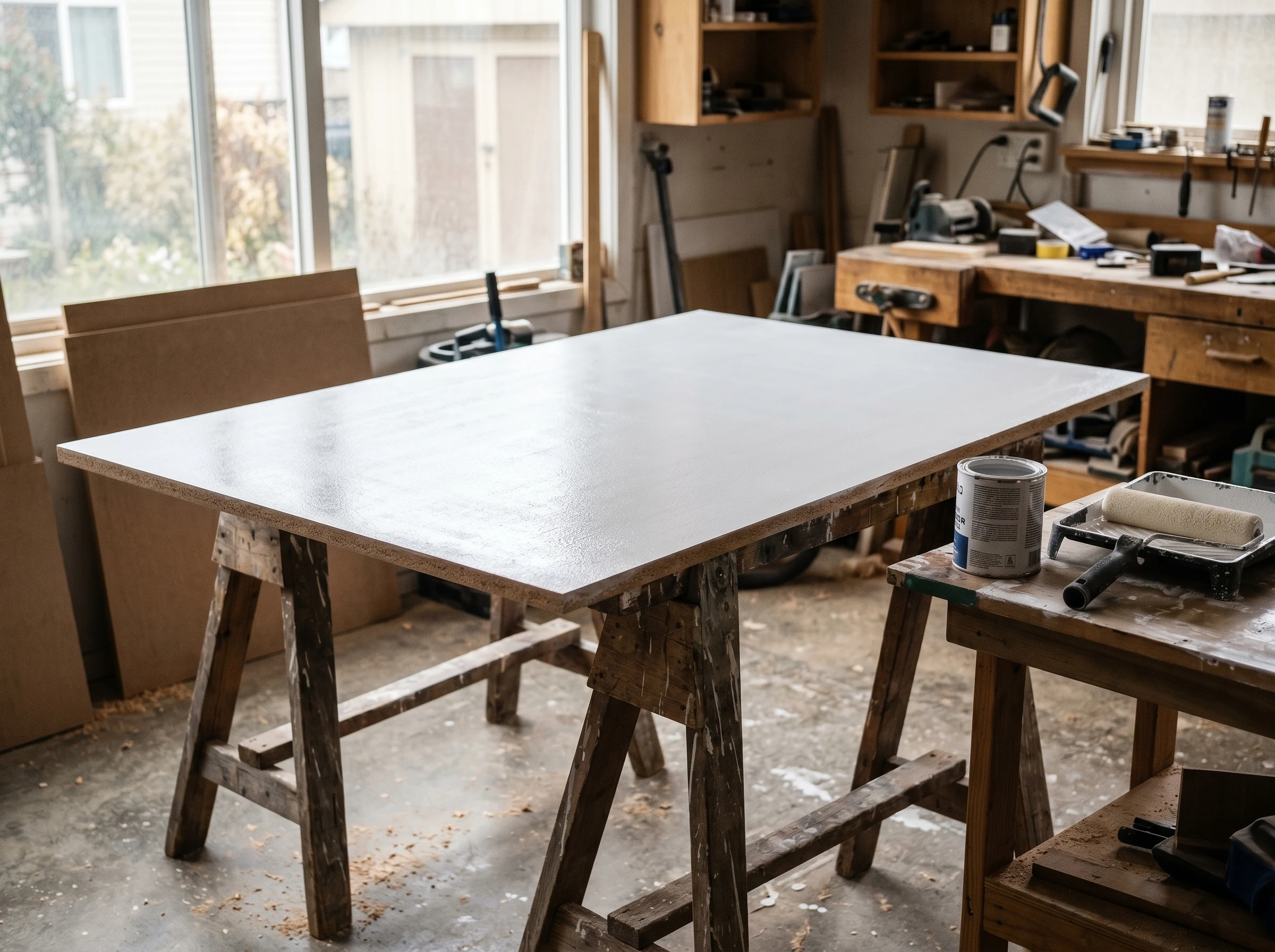 MDF panel after full bonding primer coat, drying on sawhorses