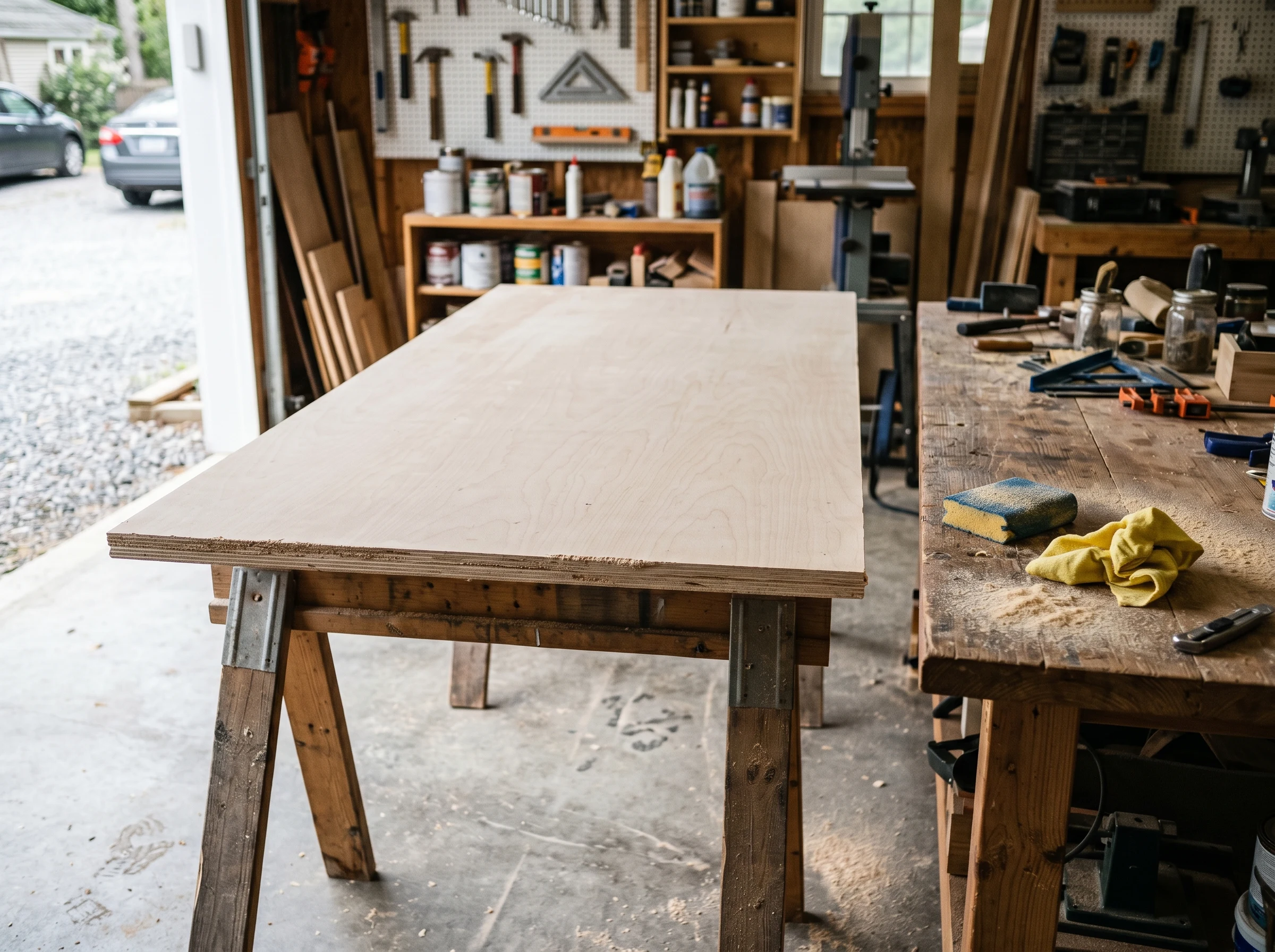 Plywood panel after sanding, face hazy and uniform, edges still rough