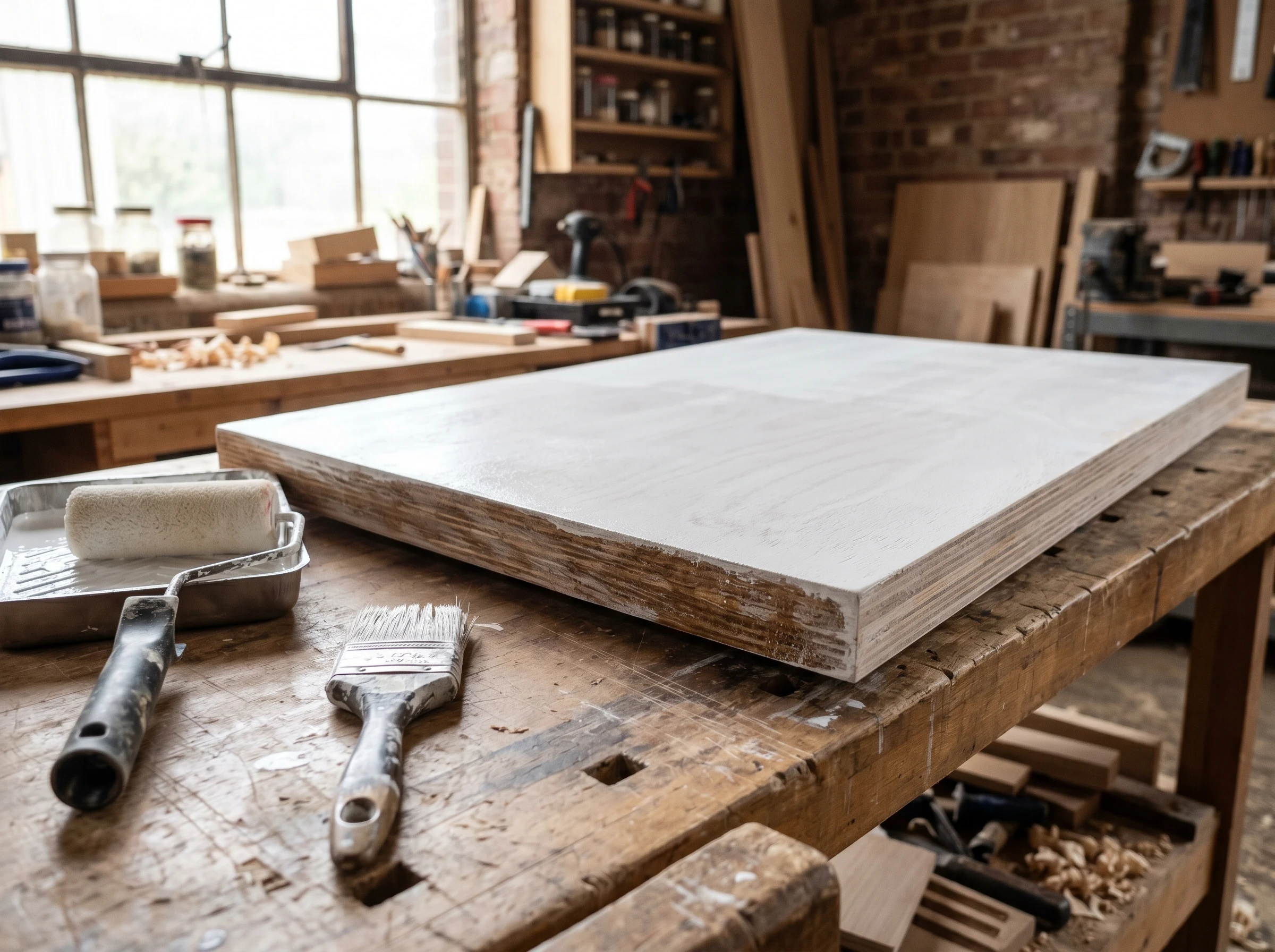 Plywood panel after pre-primed edges and a full bonding primer coat