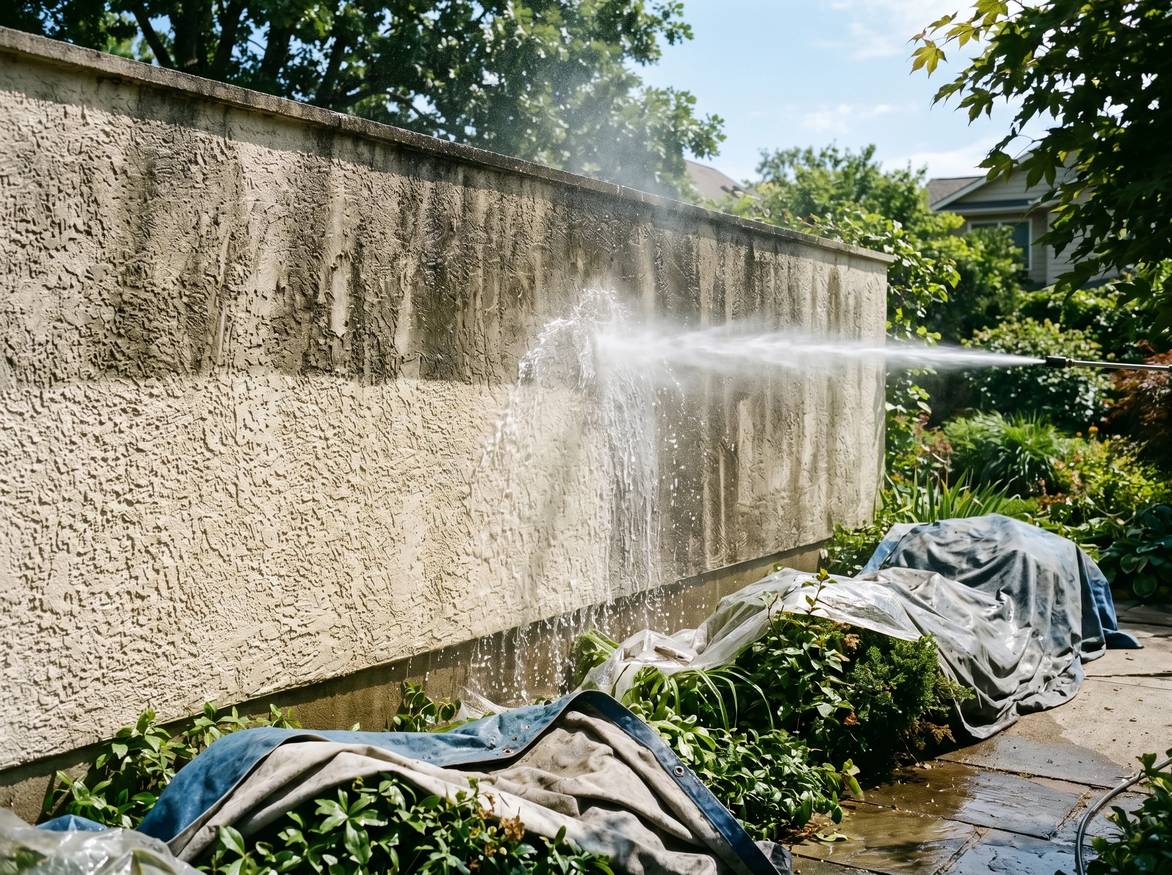 Stucco wall being pressure washed with water sheeting down the textured surface