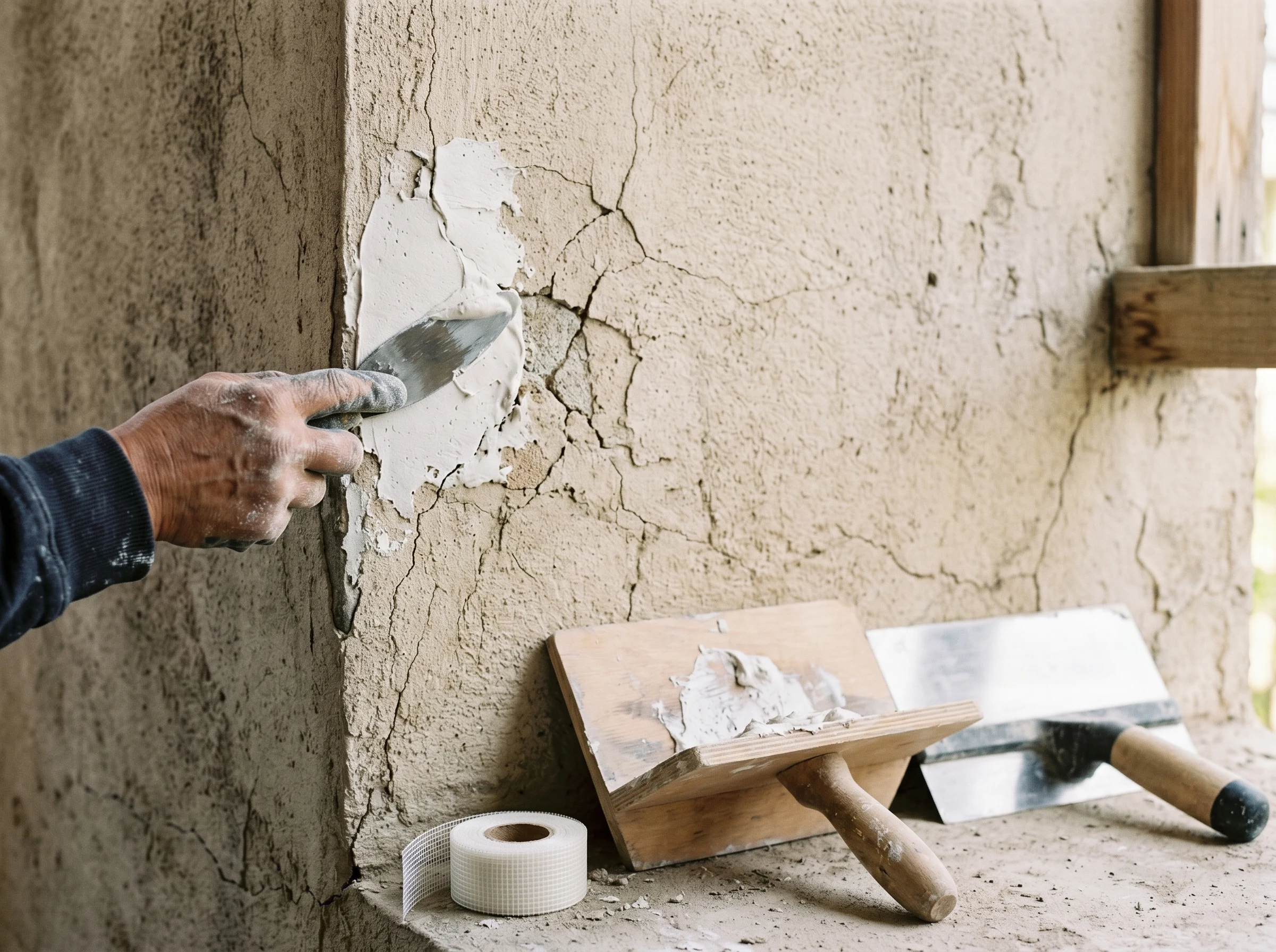 Spider-cracked stucco being patched with acrylic compound and fiberglass mesh