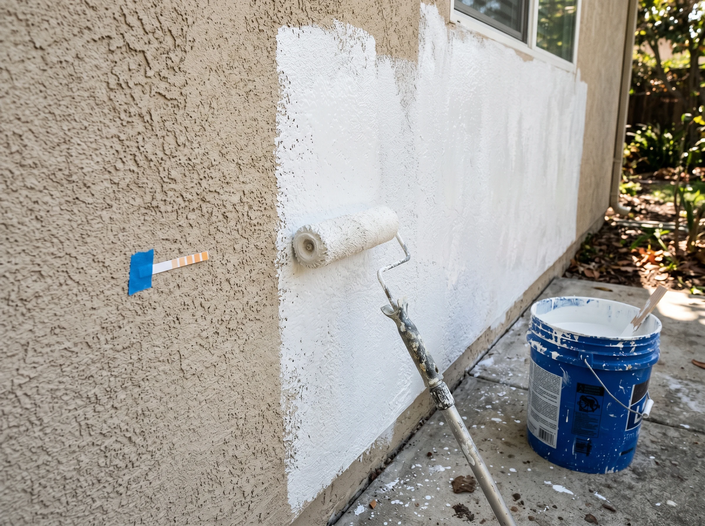 Stucco wall partially coated in alkali-resistant masonry primer with roller and pH strip