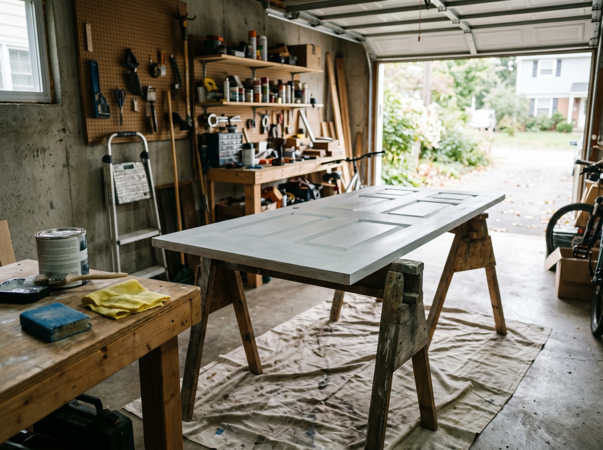 Six-panel interior door primed white-grey, laid flat on sawhorses