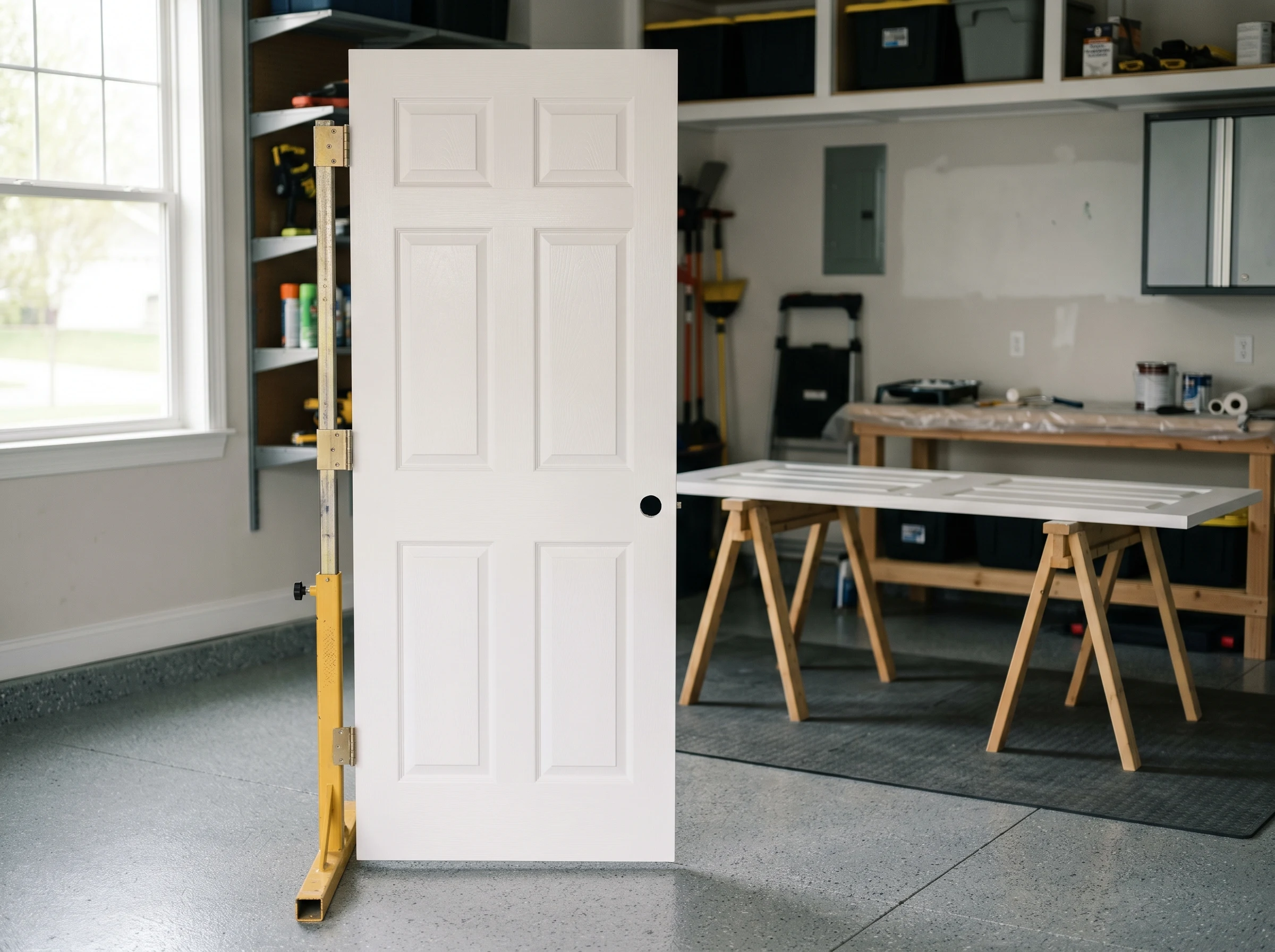 Freshly painted white door curing upright on a hinge stand, second door drying flat behind