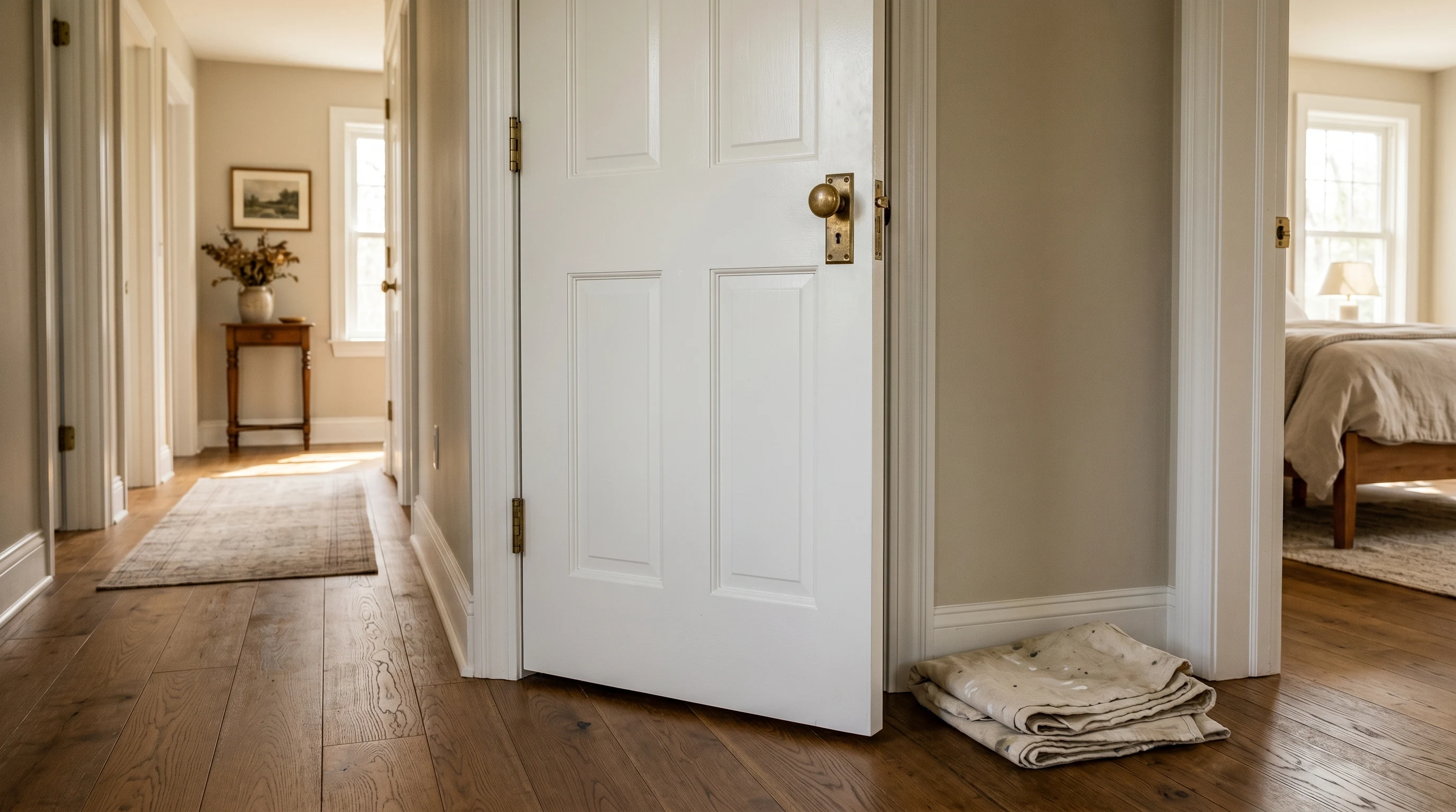 Finished interior door re-hung on brass hinges with hardware reinstalled