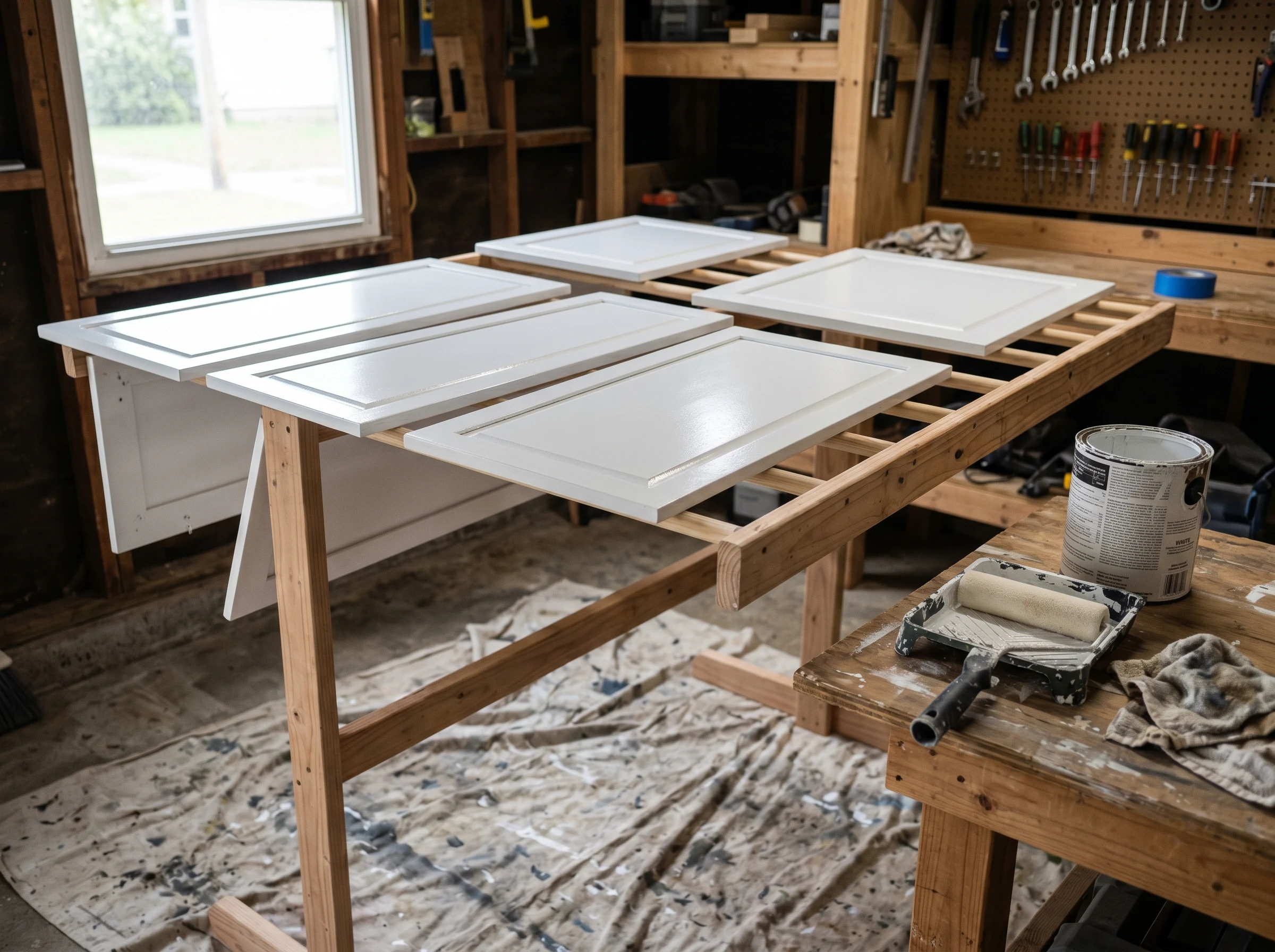Finished white-painted cabinet doors drying on a rack after two coats