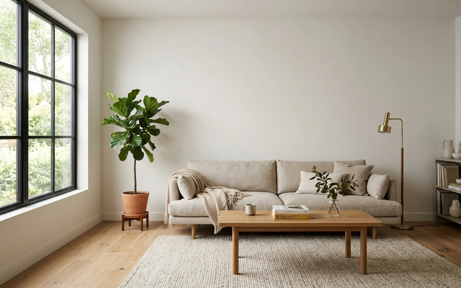 A furnished living room with plain off-white walls