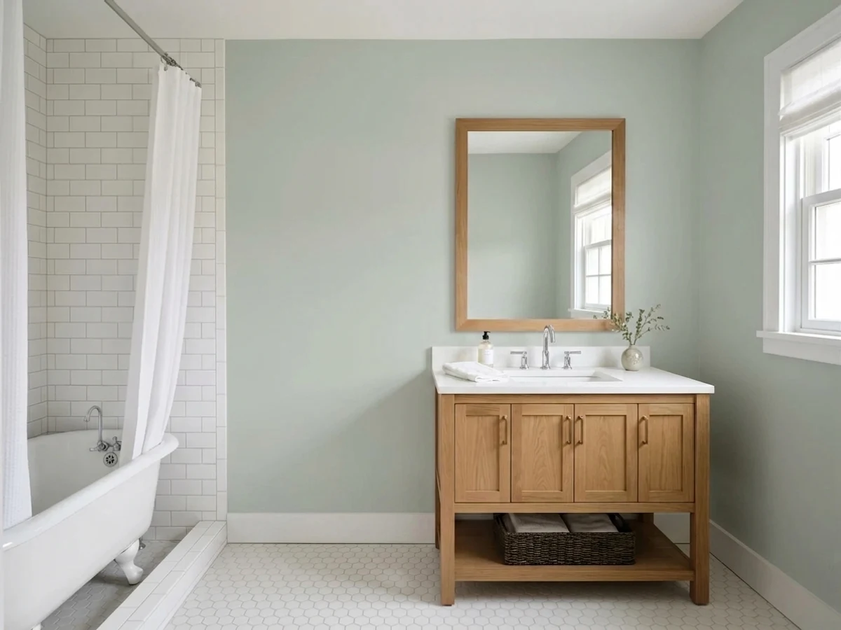 Bathroom painted in Sherwin-Williams Sea Salt