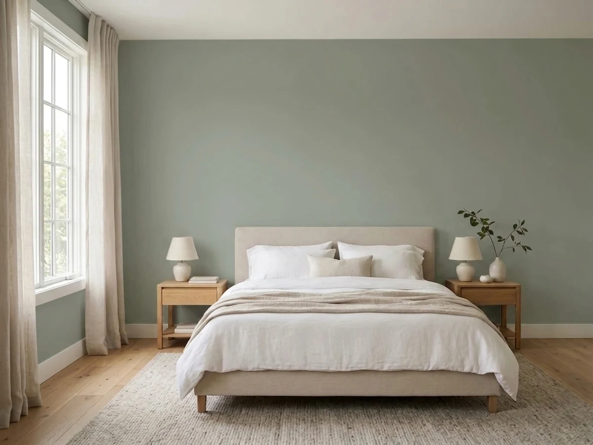 Bedroom painted in Sherwin-Williams Evergreen Fog